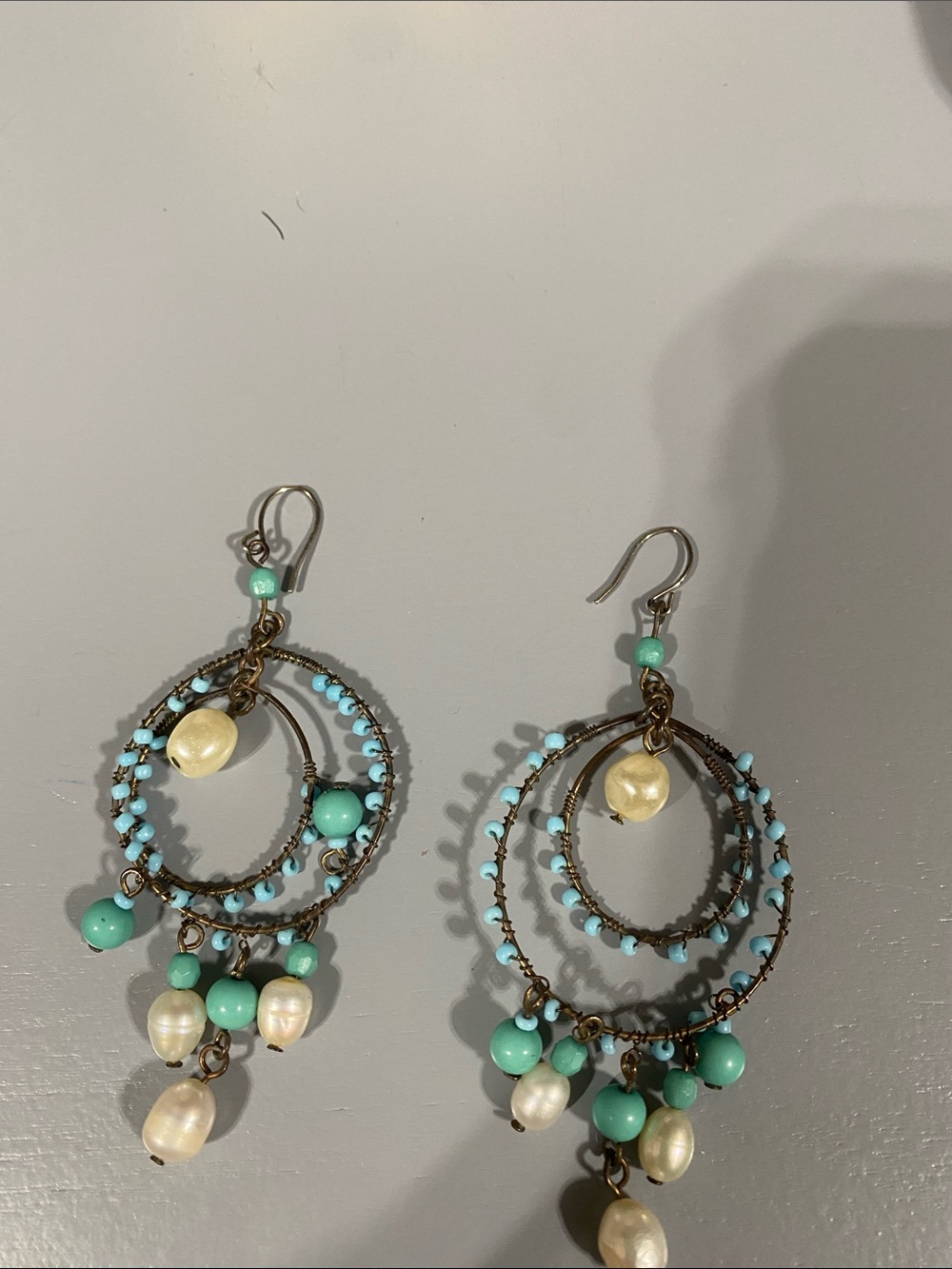 Turquoise Bead and Pearl Hoop Drop Earrings - Women Jewelry